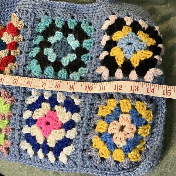 Vintage Handmade Granny Square Crochet Patchwork Tote Bag Cottagecore Cozy Boho - Picture 3 of 7